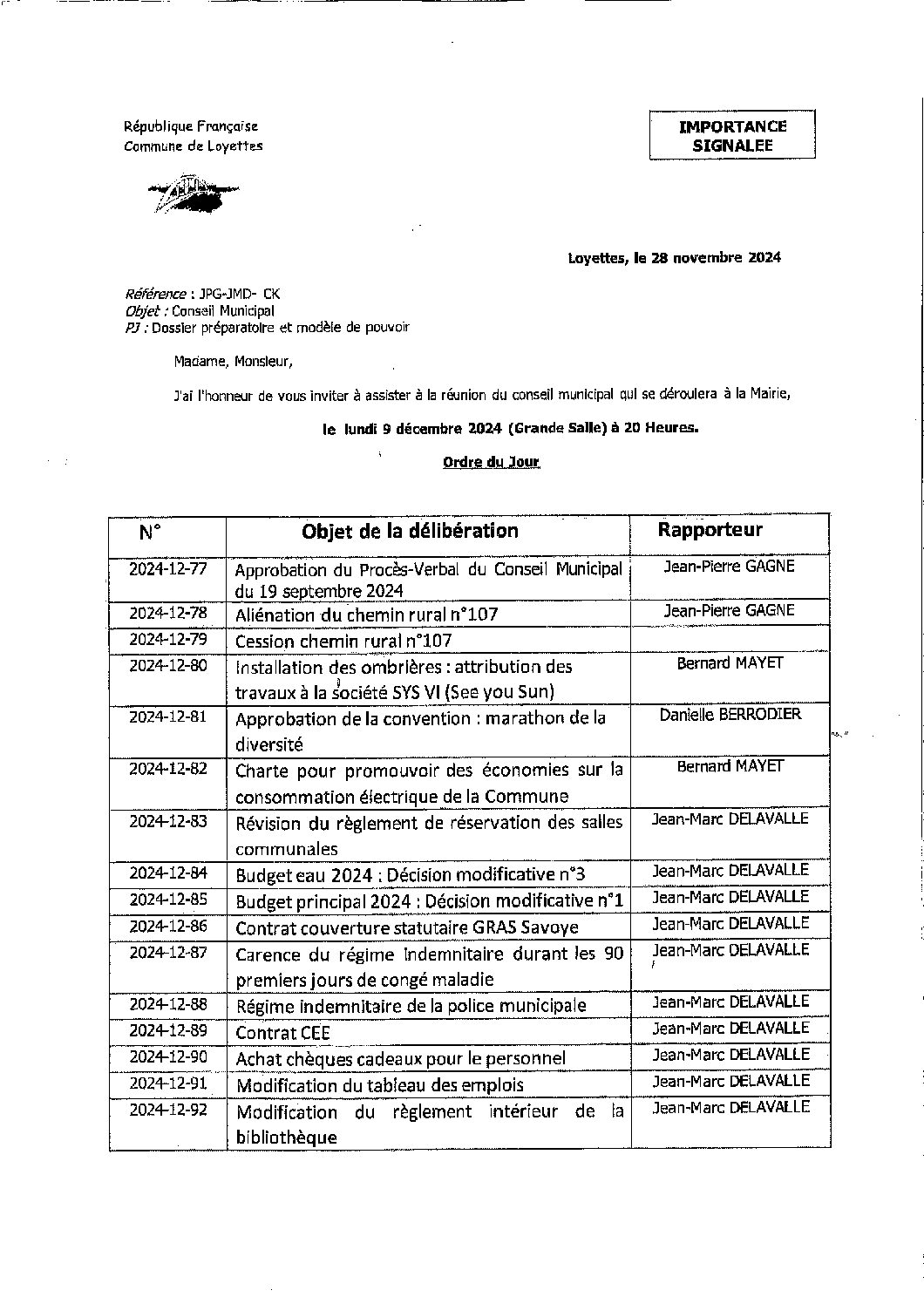 CONSEIL MUNICIPAL – LUNDI 9 DÉCEMBRE 2024 – 20H00