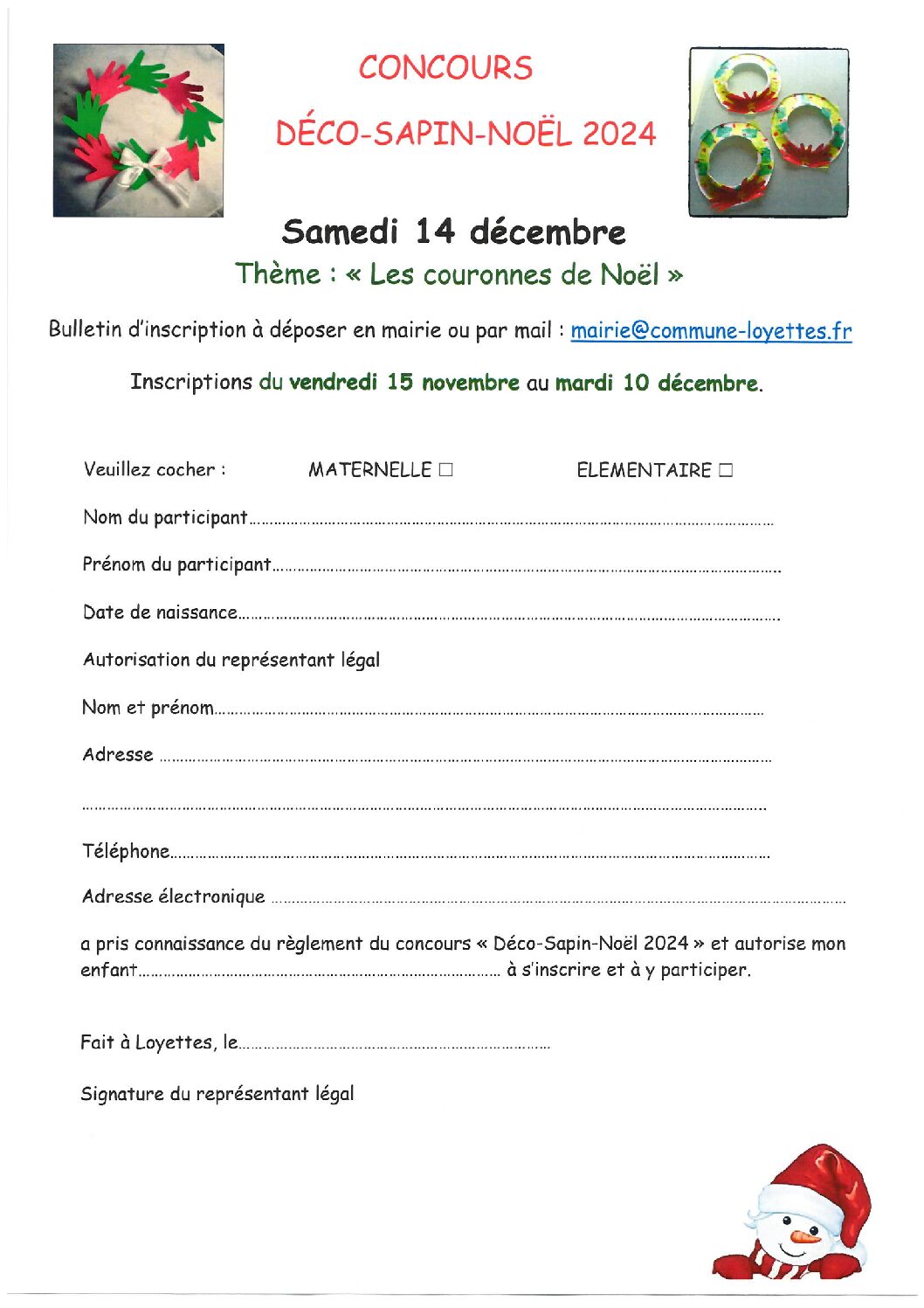 🎄 ☃️ Formulaire d’inscription ❄️🎁 Concours décoration du Sapin de Noël 🎄 ☃️