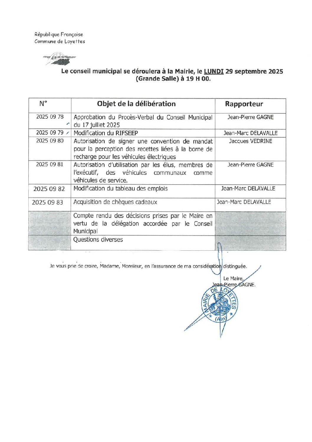 CONSEIL MUNICIPAL – LUNDI 29 SEPTEMBRE 2025 – 19H00