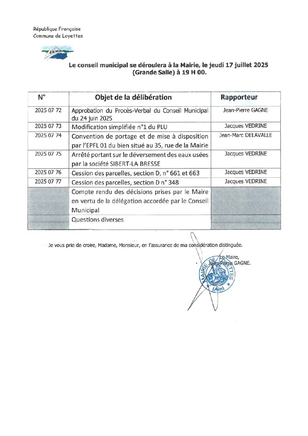CONSEIL MUNICIPAL – JEUDI 17 JUILLET 2025 – 19H00