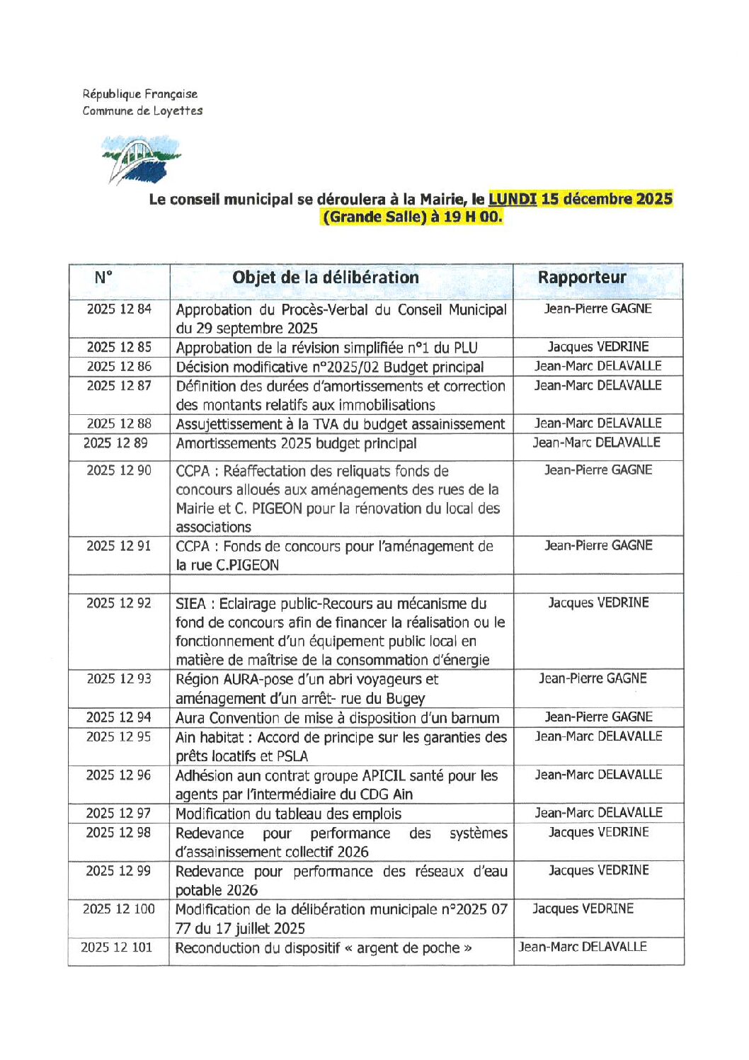 CONSEIL MUNICIPAL – LUNDI 15 DÉCEMBRE 2025 – 19H00