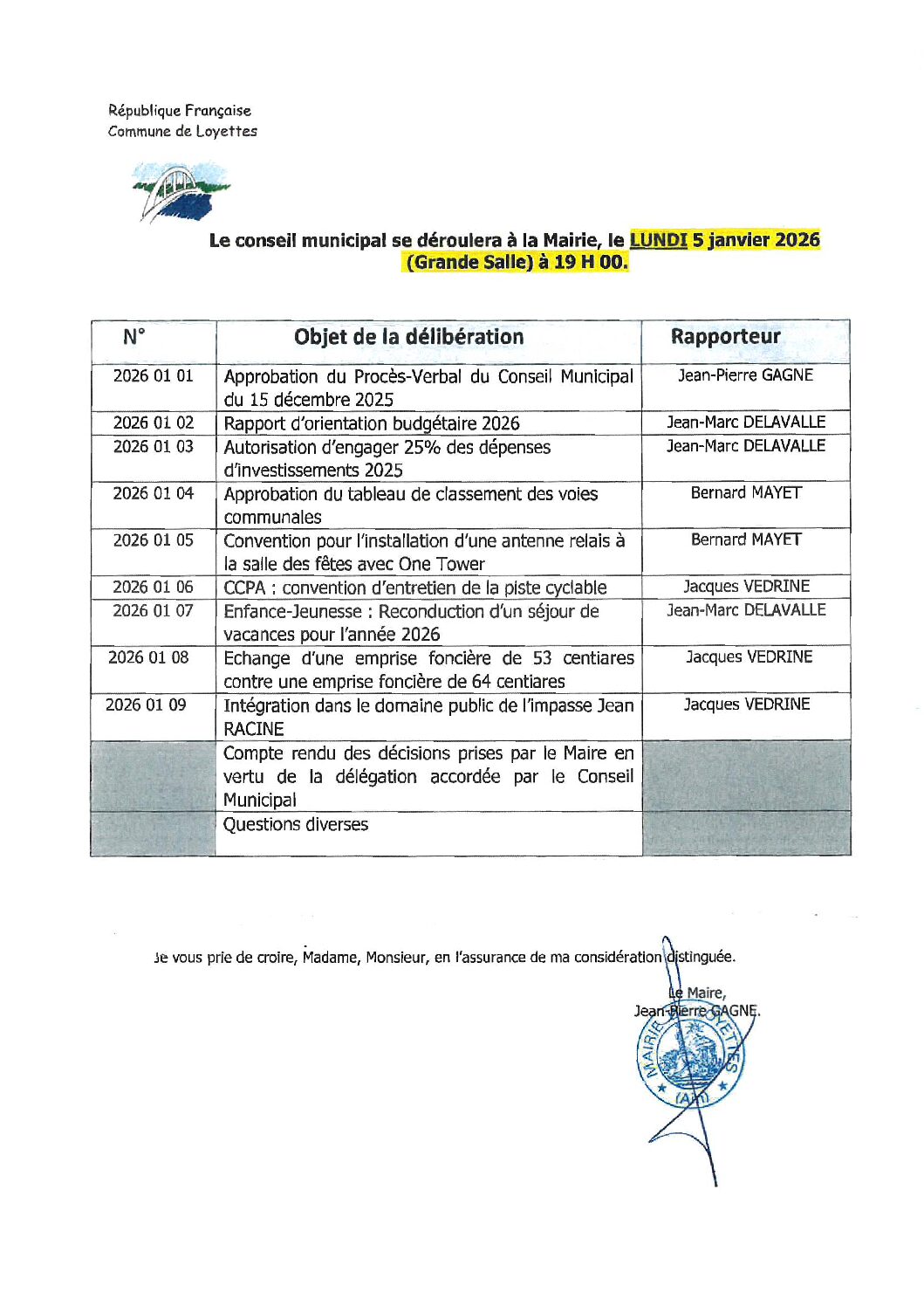 CONSEIL MUNICIPAL – LUNDI 5 JANVIER 2026 – 19H00