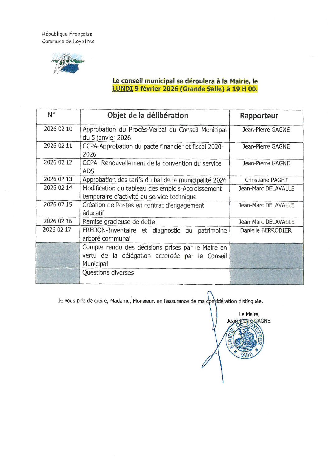 CONSEIL MUNICIPAL – LUNDI 09 FÉVIER 2026 À 19H00 – MAIRIE DE LOYETTES