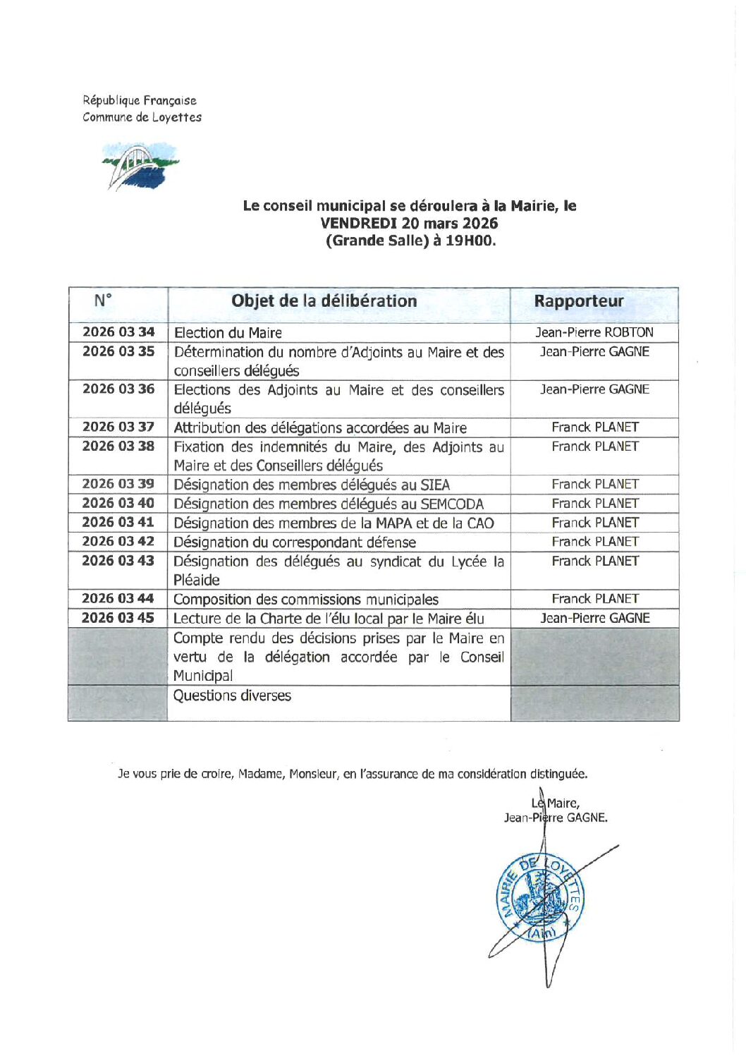CONSEIL MUNICIPAL – VENDREDI 20 MARS 2026 À 19H00 – MAIRIE DE LOYETTES