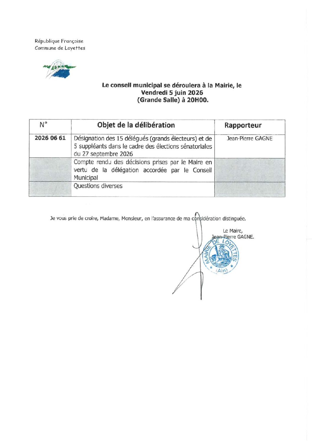 CONSEIL MUNICIPAL – VENDREDI 05 JUIN 2026 À 19H00 – MAIRIE DE LOYETTES