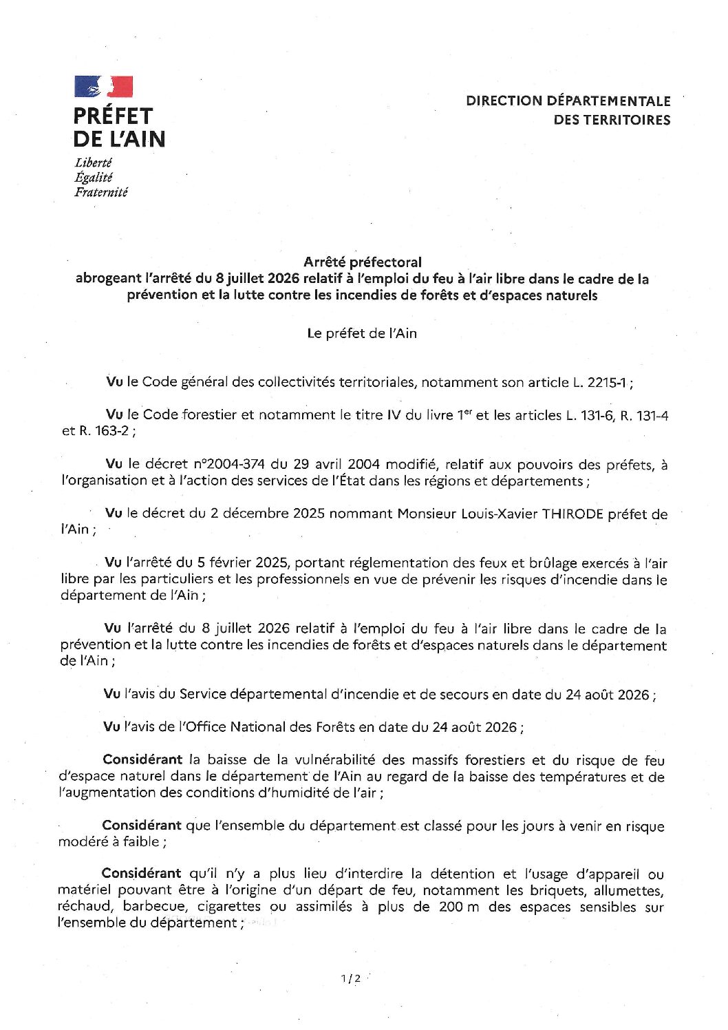 Abrogation partielle des mesures de restriction d’activités en lien avec le risque de feux de forêt et d’espaces naturels