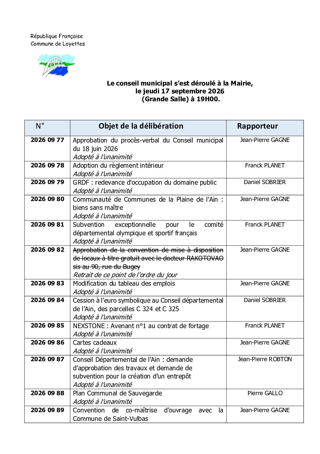 VOTE DES DÉLIBÉRATIONS CONSEIL MUNICIPAL DU 17 SEPTEMBRE 2026