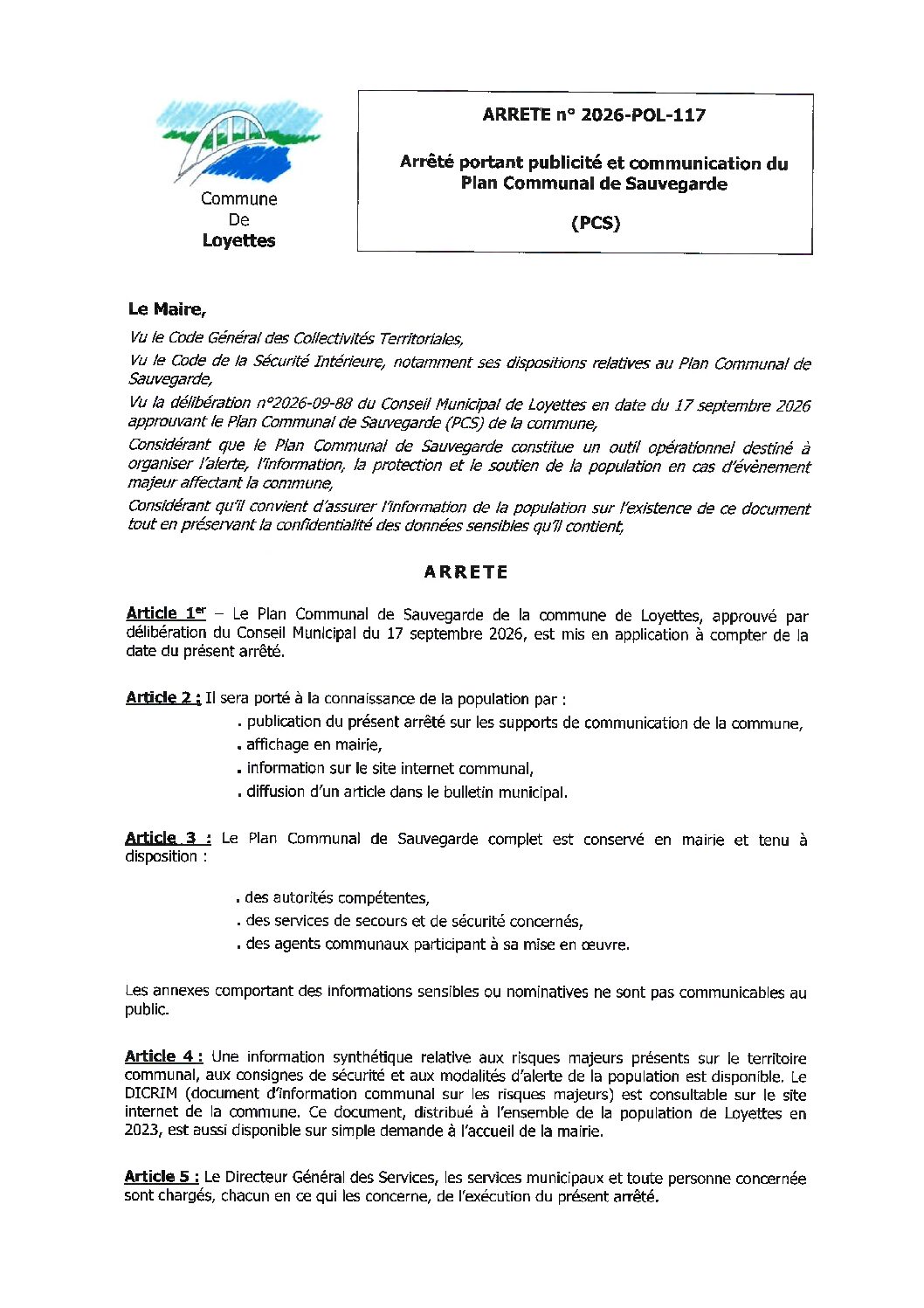 ARRÊTÉ PORTANT PUBLICITÉ ET COMMUNICATION DU PLAN COMMUNAL DE SAUVEGARDE PCS
