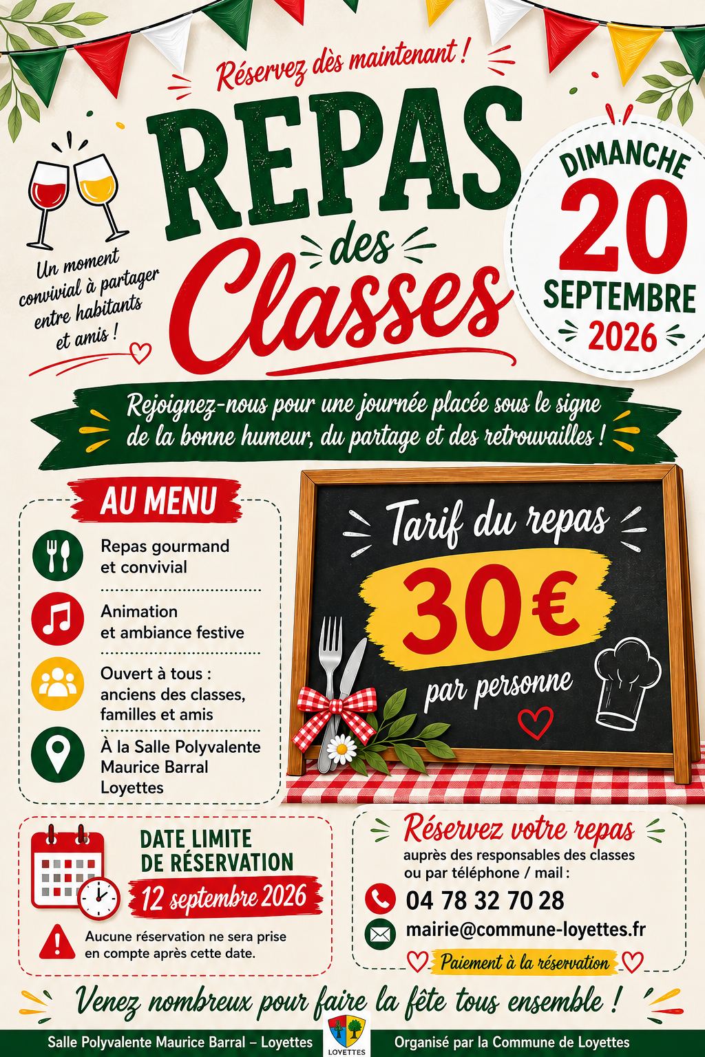 🎉 REPAS DES CLASSES DIMANCHE 20 SEPTEMBRE 2026 🍽️